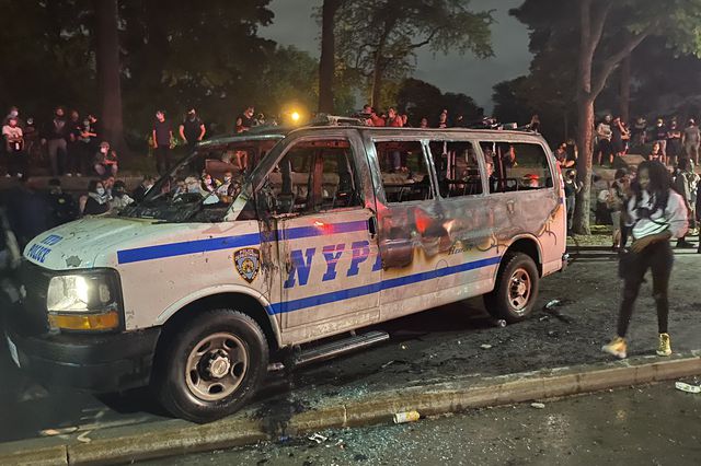 The remains of an NYPD van in Brooklyn following solidarity protests on May 29th over the death of Minneapolis man George Floyd.